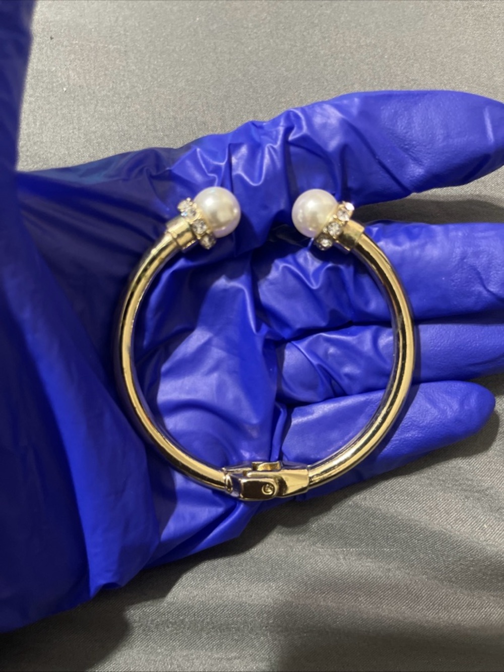 Gold Pearl-Accent Hinged Bangle Bracelet with Crystal Details